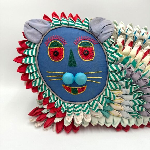 Vintage 1970s Embroidered Patchwork Blue Green Cat Pillow rare one of a kind spi - Picture 2 of 13